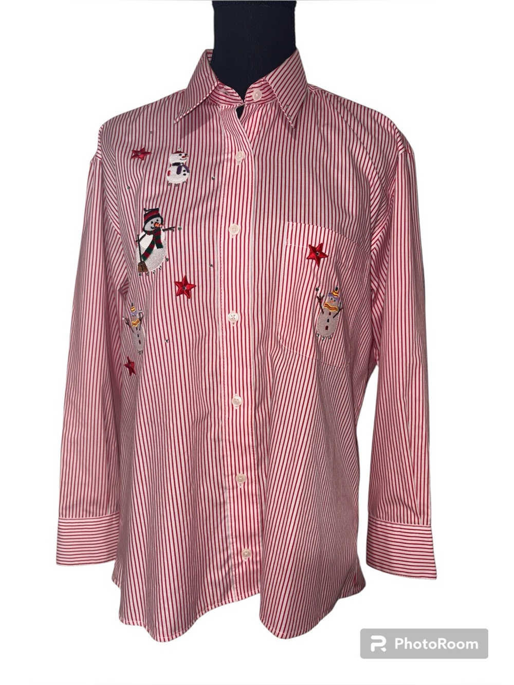 Vintage Las Olas Christmas Snowman Embroidered Striped Button Up Shirt SZ
